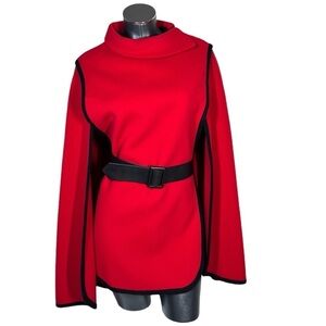 VTG DARICO Red Black Wool Poncho Cape Coat with Black Belt Size M/L